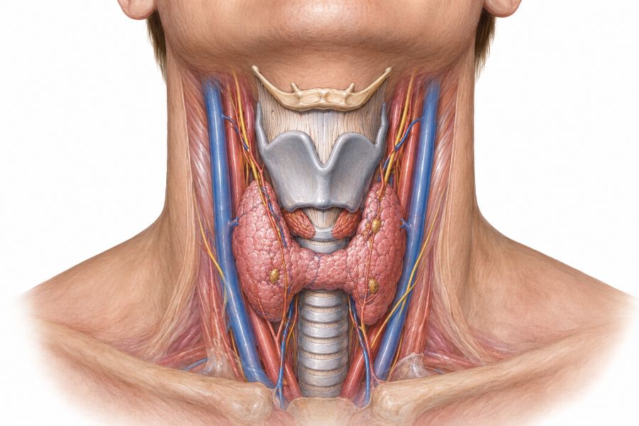 Thyroid gland anatomy illustration showing the thyroid, parathyroid glands and adjacent neck structures